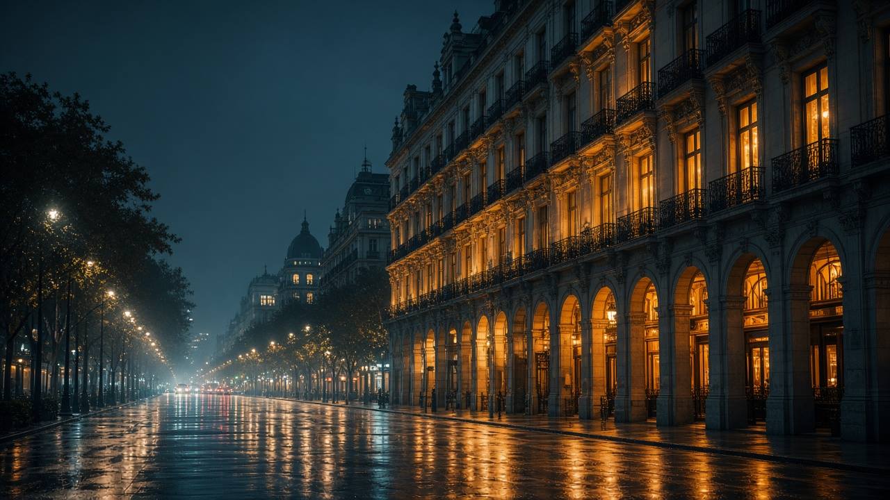 Avenida urbana española de noche con luces de fachadas