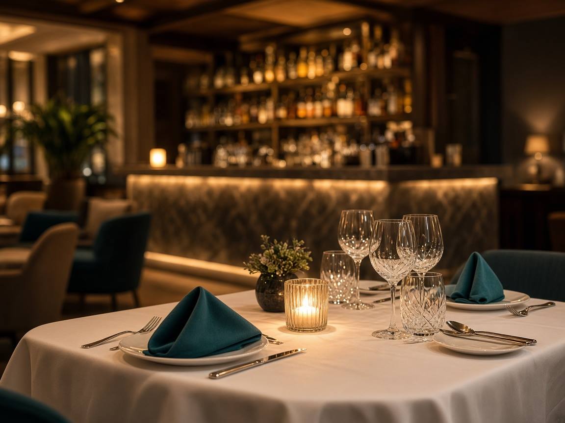 Mesa de restaurante vacía con vajilla y luz cálida